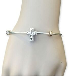 SILVERTONED FAITH CROSS CHARM SLENDER CUFF BRACELET